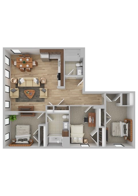Floor plan for 3 beds, 2 baths, 1109 sqft